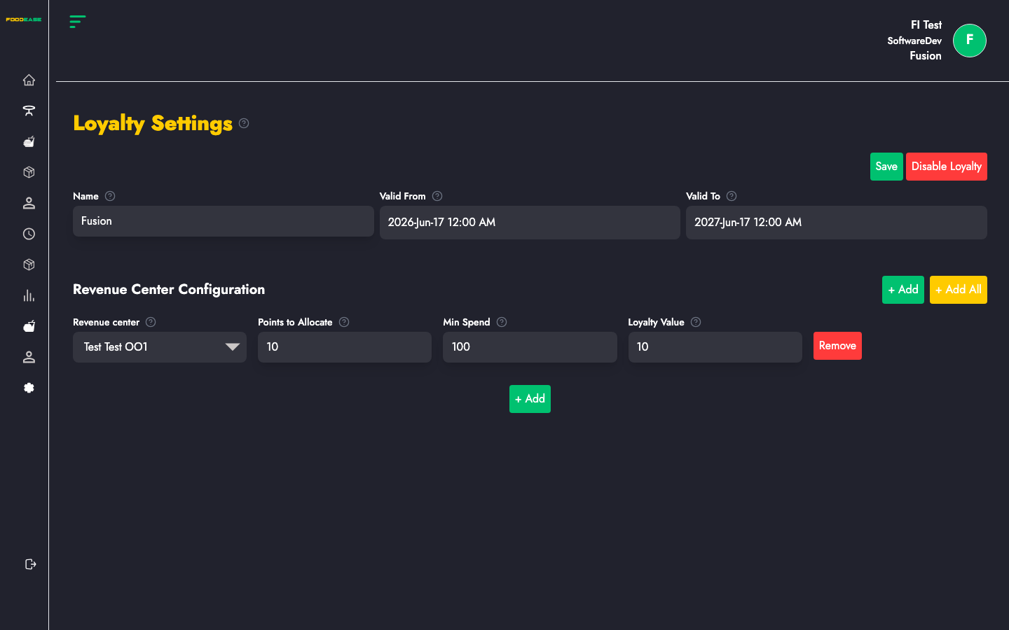 Loyalty Settings page
