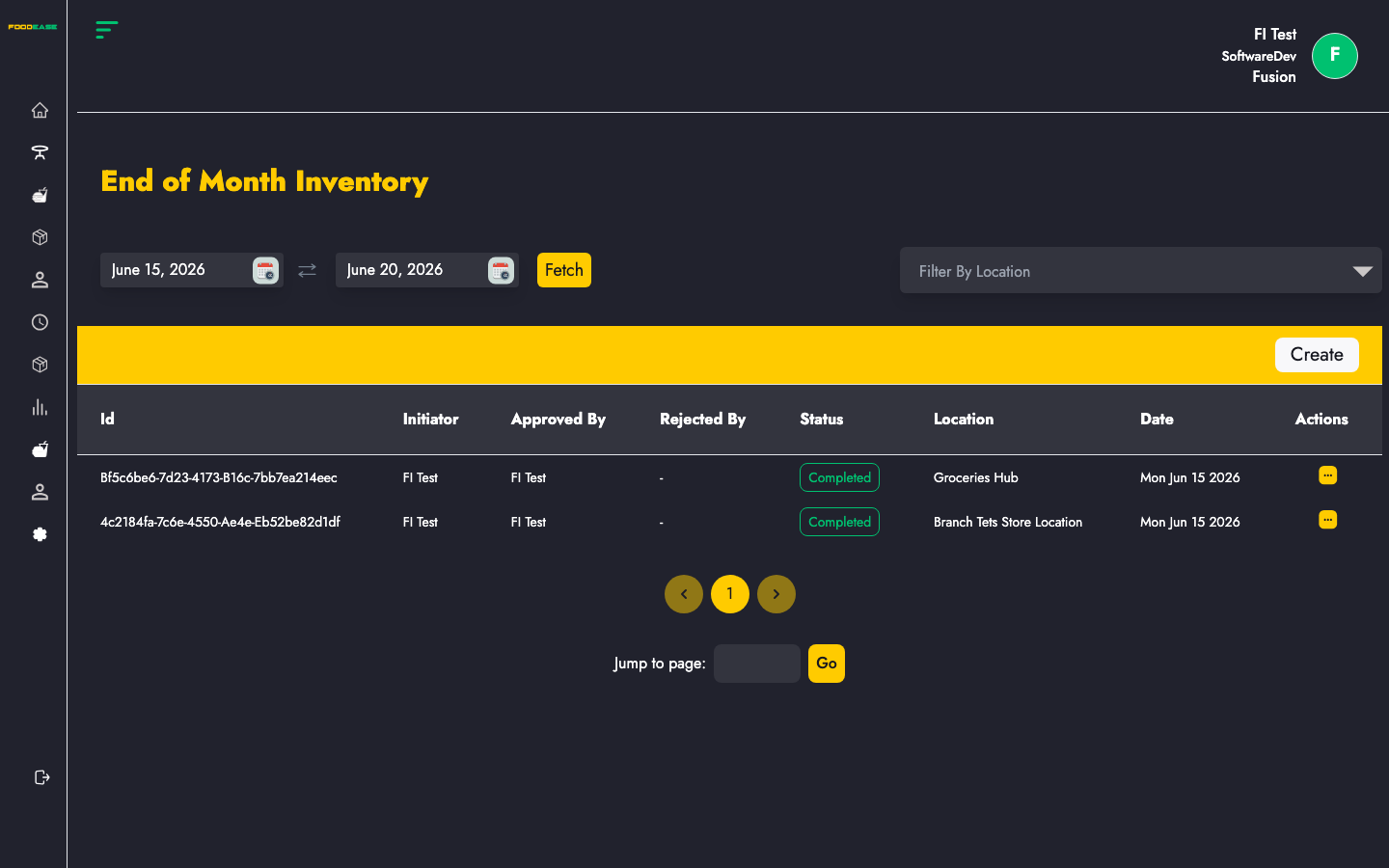 End of Month Inventory list page